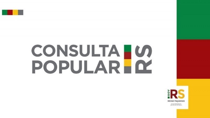 Logo marca do programa Consulta Popular. Em fundo branco, letras cinza, uma palavra sobre a outra e ao lado as cores do Rio Grande do Sul: verde, vermelho e amarelo.